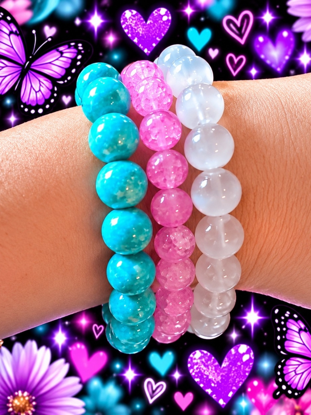 3 Glass Beaded-Strand Pink, Turquoise & White Beaded Bracelet Set